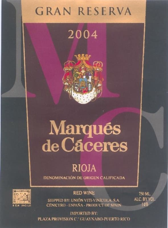 Marques de Caceres Rioja Gran Reserva 2004 Front Label