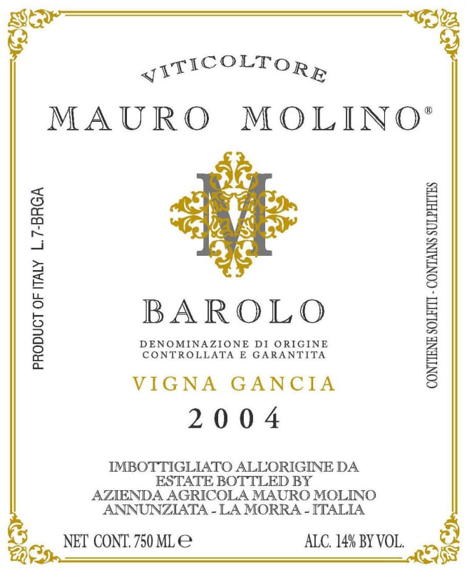 Mauro Molino Barolo Vigna Gancia 2004 Front Label
