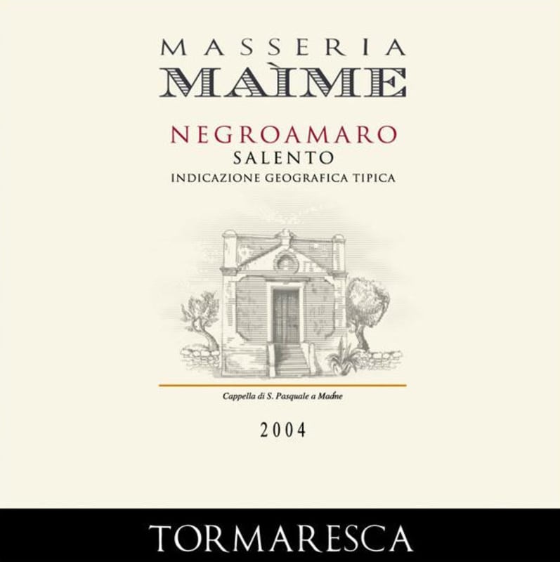 Tormaresca Negroamaro Salento Masseria Maime 2004 Front Label