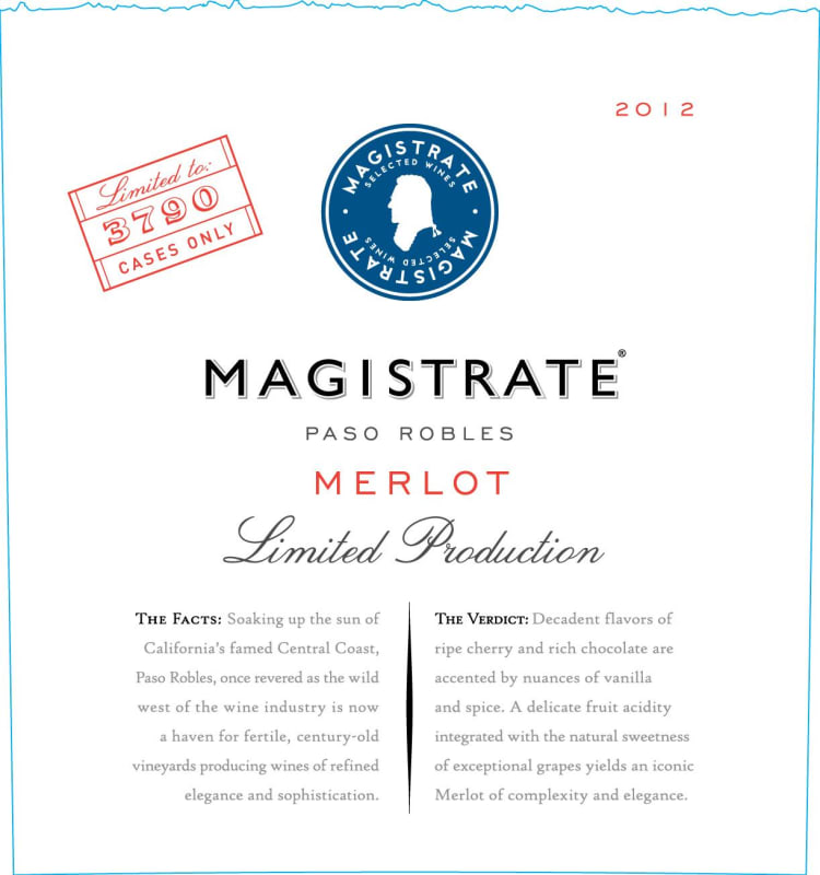 Magistrate Limited Production Merlot 2012 Front Label