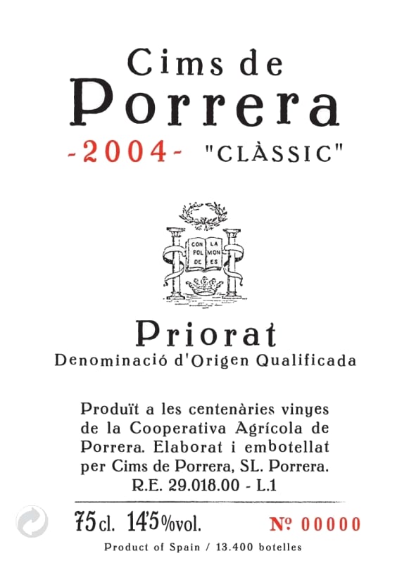 Cims de Porrera Priorat Classic 2004 Front Label