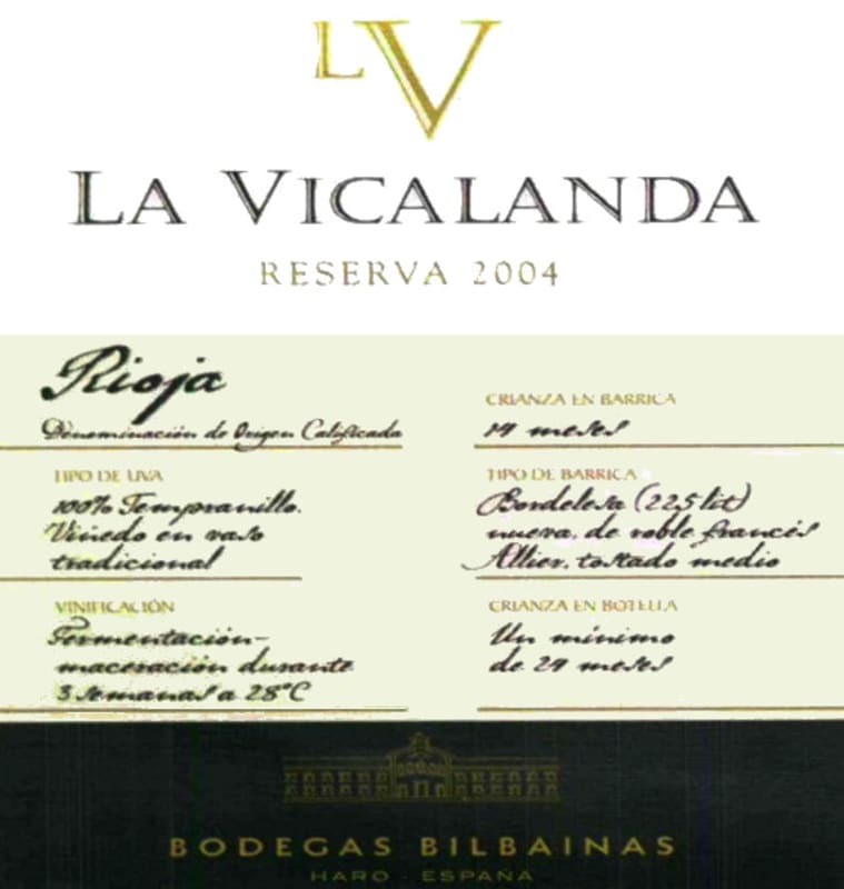 La Vicalanda Rioja Reserva Tempranillo 2004 Front Label