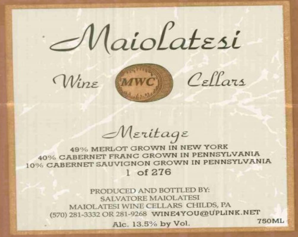 Maiolatesi Wine Cellars Meritage 2012 Front Label
