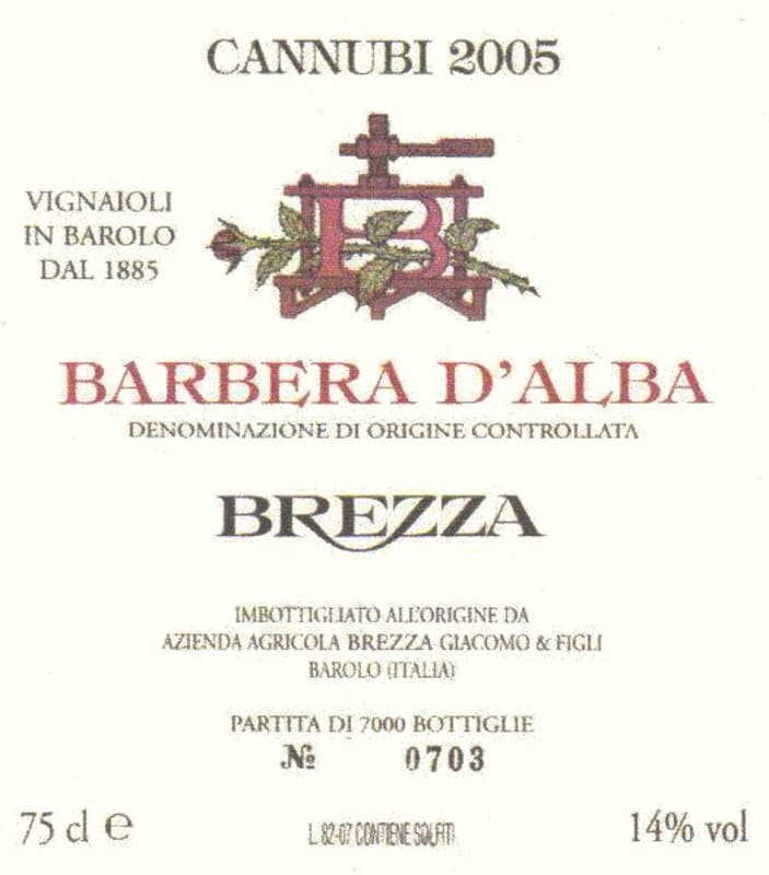 Brezza Barbera d'Alba Cannubi 2005 Front Label