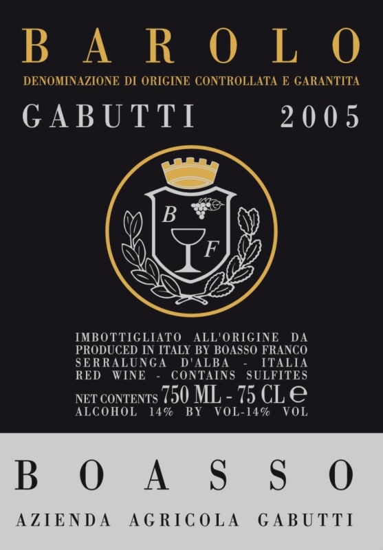 Boasso Barolo Gabutti 2005 Front Label