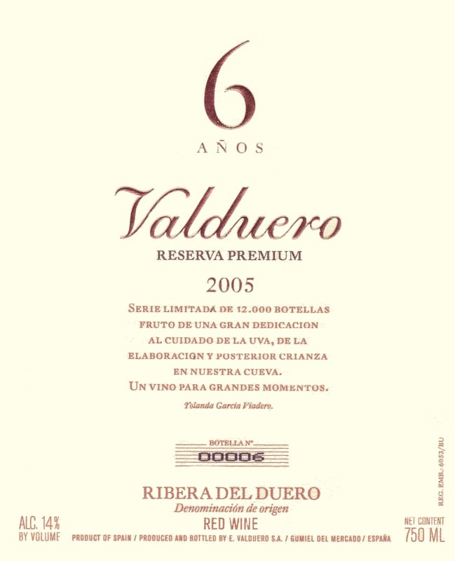 Valduero 6 Anos Reserva Premium 2005 Front Label