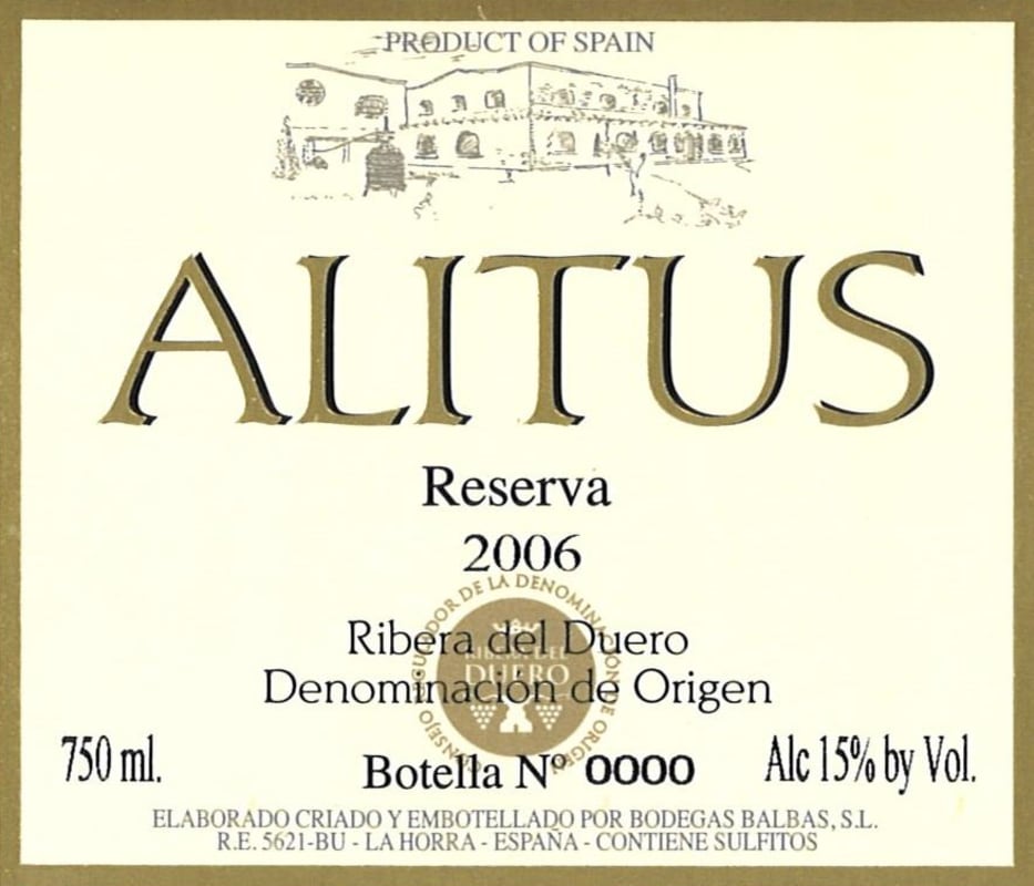 Bodegas Balbas Alitus Reserva 2006 Front Label
