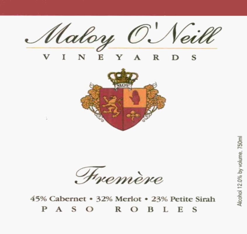 Maloy O'Neill Vineyards Fremere 2002 Front Label