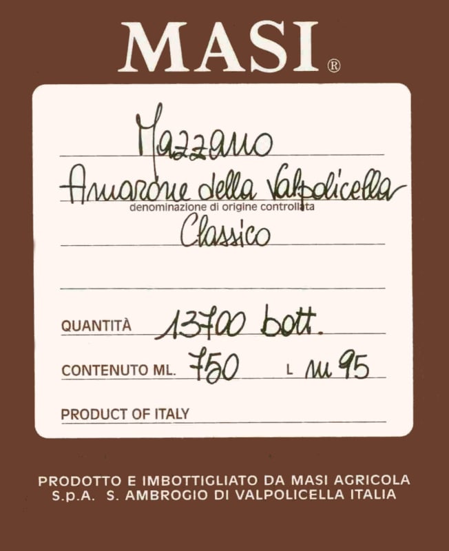 Masi Amarone della Valpolicella Classico Mazzano 2006 Front Label