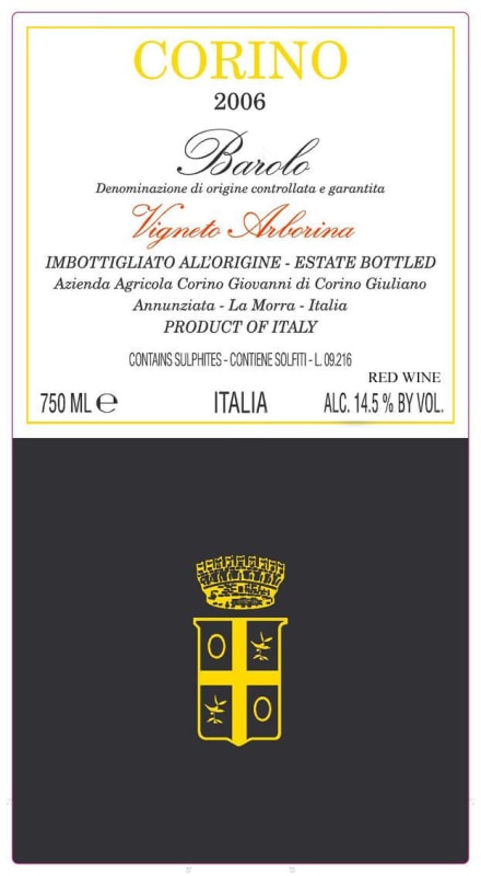 Giovanni Corino Barolo Arborina 2006 Front Label