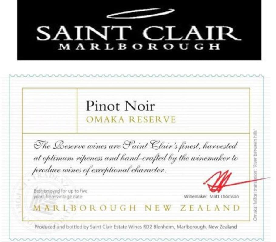 Saint Clair Omaka Reserve Pinot Noir 2007 Front Label