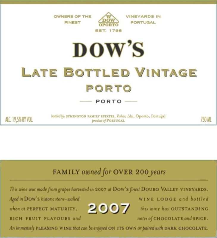 Dow's Late Bottled Vintage 2007 Front Label