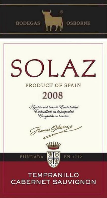Osborne Solaz 2008 Front Label
