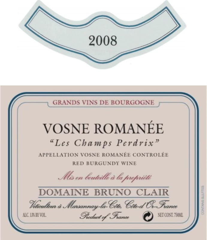 Bruno Clair Vosne Romanee Champs Perdrix 2008 Front Label