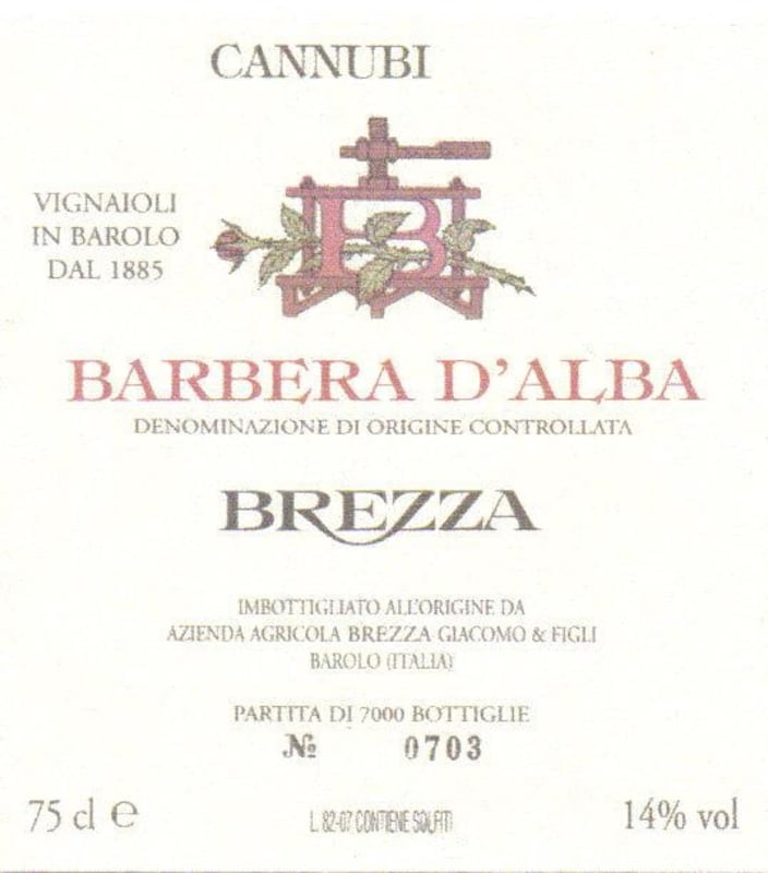 Brezza Barbera d'Alba Cannubi 2008 Front Label