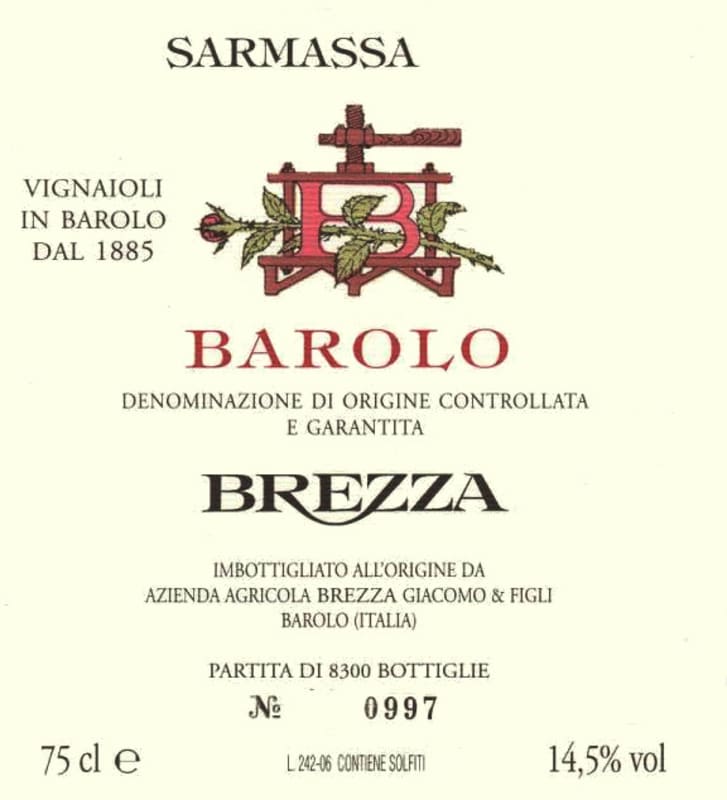 Brezza Barolo Sarmassa 2008 Front Label