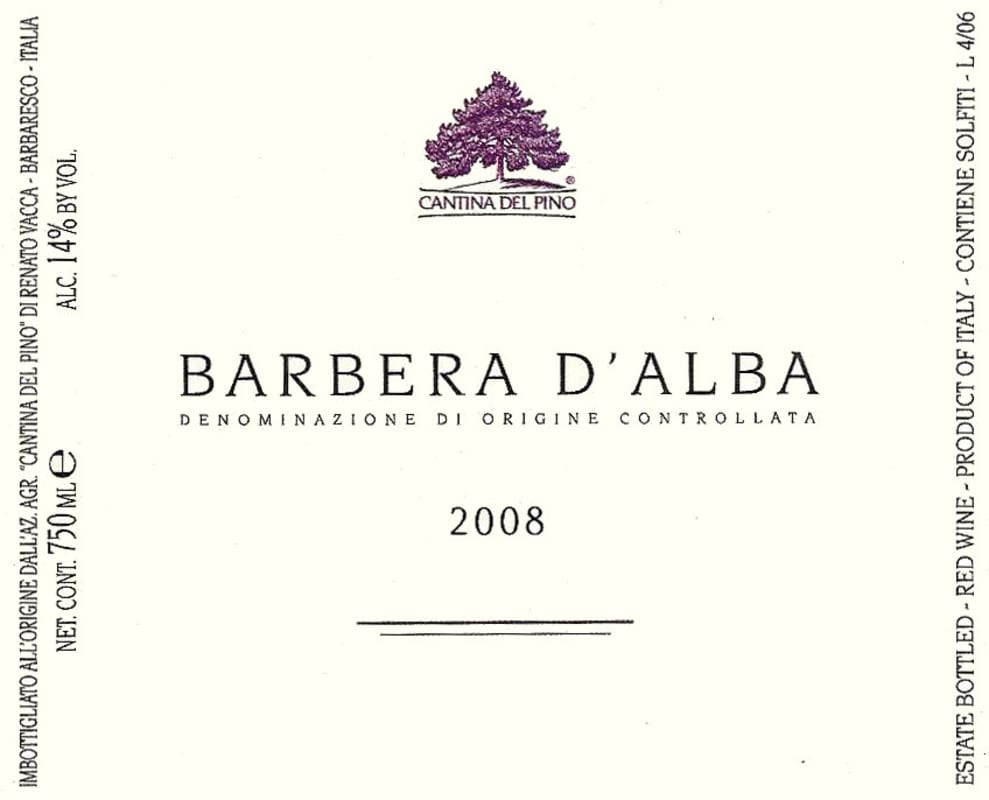 Cantina del Pino Barbera d'Alba 2008 Front Label