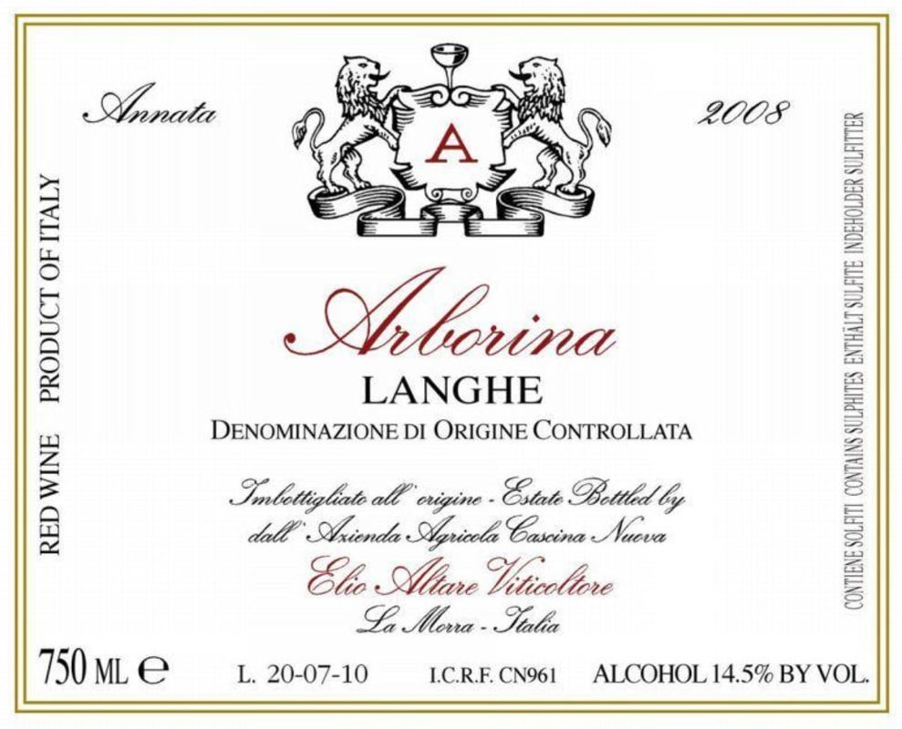 Elio Altare Langhe Arborina 2008 Front Label
