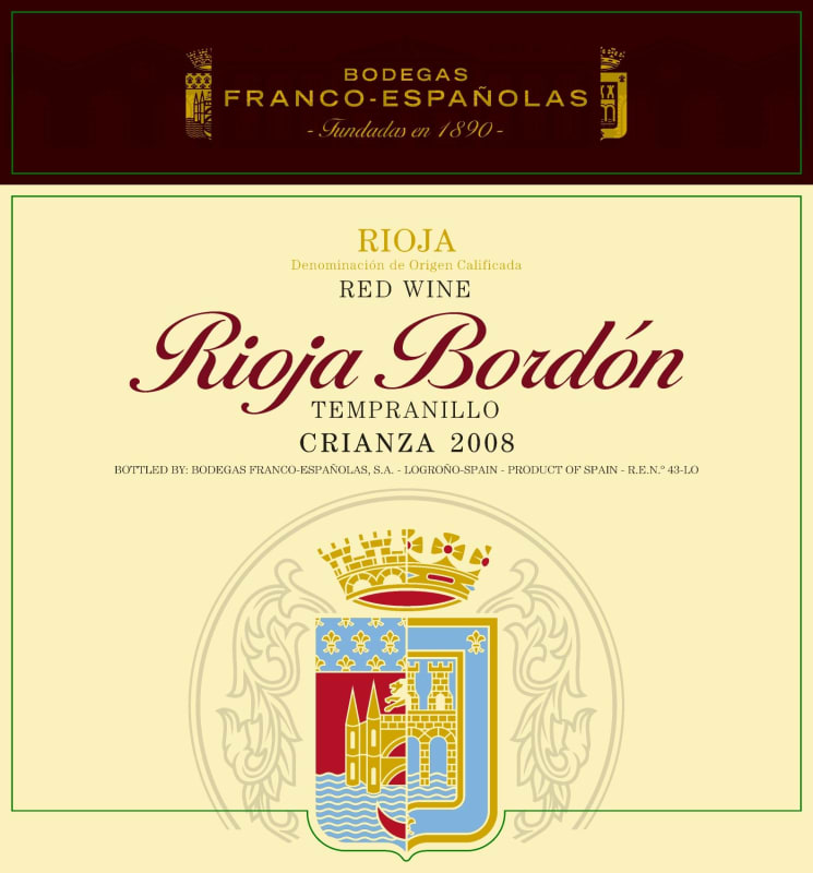Bodegas Franco-Espanolas Rioja Bordon Crianza 2008 Front Label