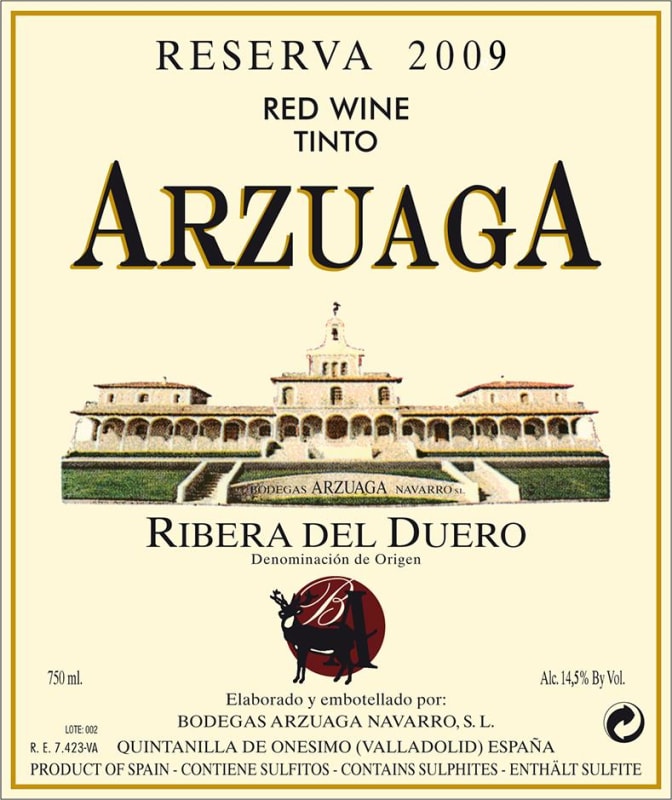 Arzuaga Reserva Crianza 2009 Front Label
