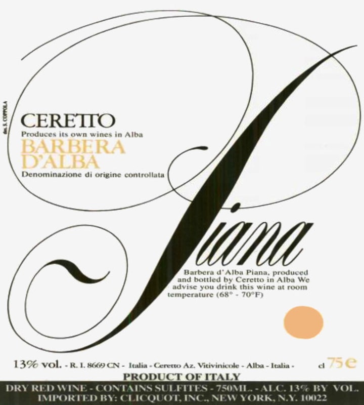 Ceretto Barbera d'Alba Piana 2009 Front Label