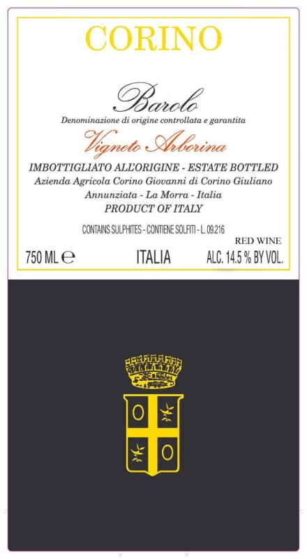 Giovanni Corino Barolo Arborina 2009 Front Label