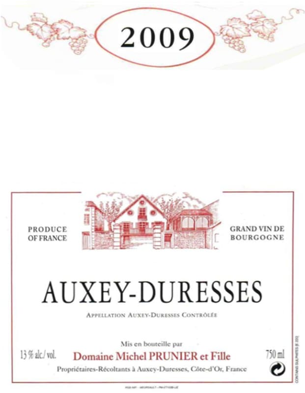 Prunier, M Auxey-Duresses Rouge 2009 Front Label
