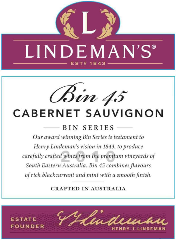 Lindeman’s Bin Series Bin 45 Cabernet Sauvignon 2010 Front Label