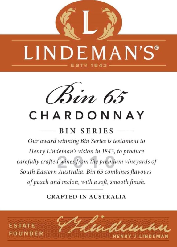 Lindeman’s Bin Series Bin 65 Chardonnay 2010 Front Label