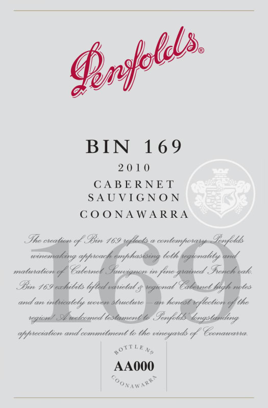 Penfolds Bin 169 Coonawarra Cabernet Sauvignon 2010 Front Label