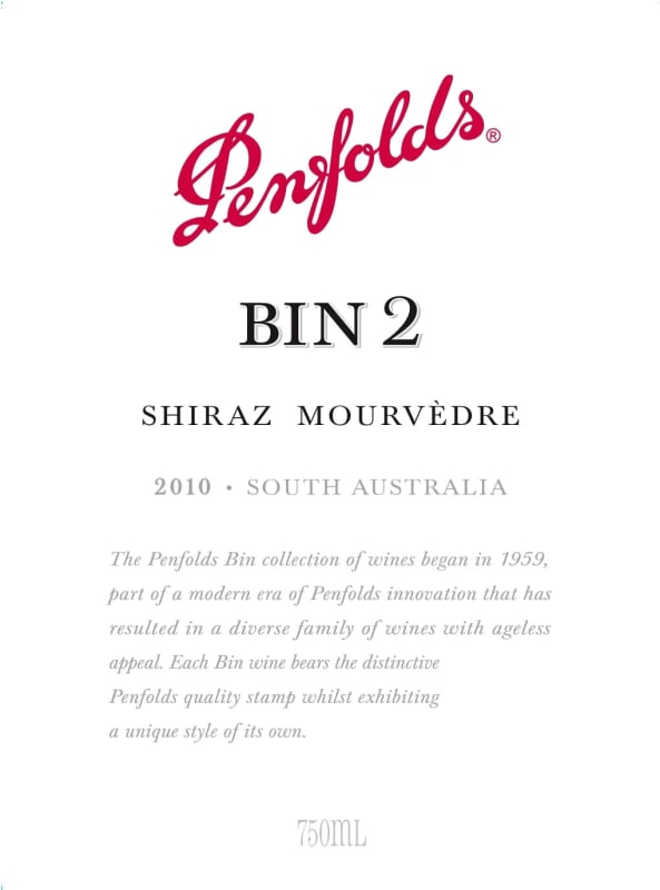 Penfolds Bin 2 Shiraz Mourvedre 2010 Front Label