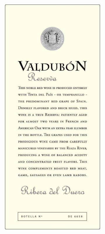 Valdubon Reserva Tempranillo 2010 Front Label
