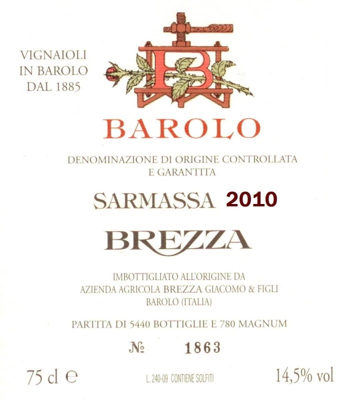 Brezza Barolo Sarmassa 2010 Front Label