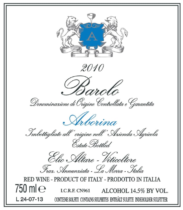 Elio Altare Barolo Arborina 2010 Front Label