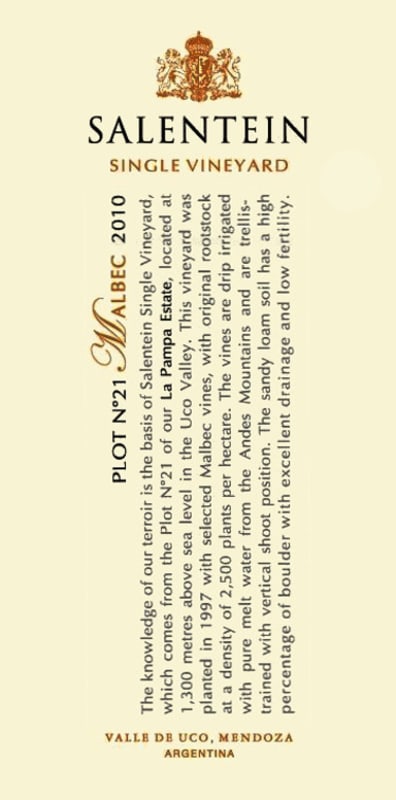 Salentein Single Vineyard Malbec 2010 Front Label