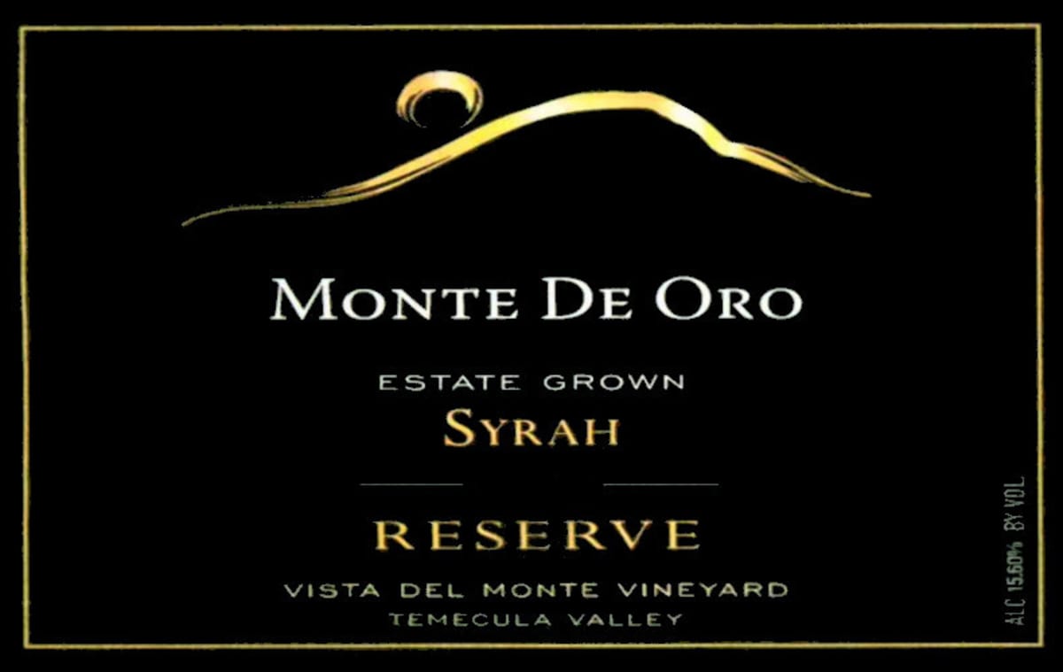 Monte de Oro Vista del Monte Vineyard Reserve Syrah 2007 Front Label