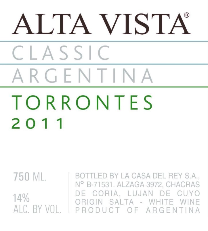 Alta Vista Classic Torrontes 2011 Front Label