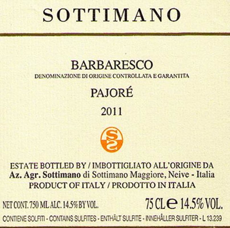 Sottimano Barbaresco Pajore 2011 Front Label