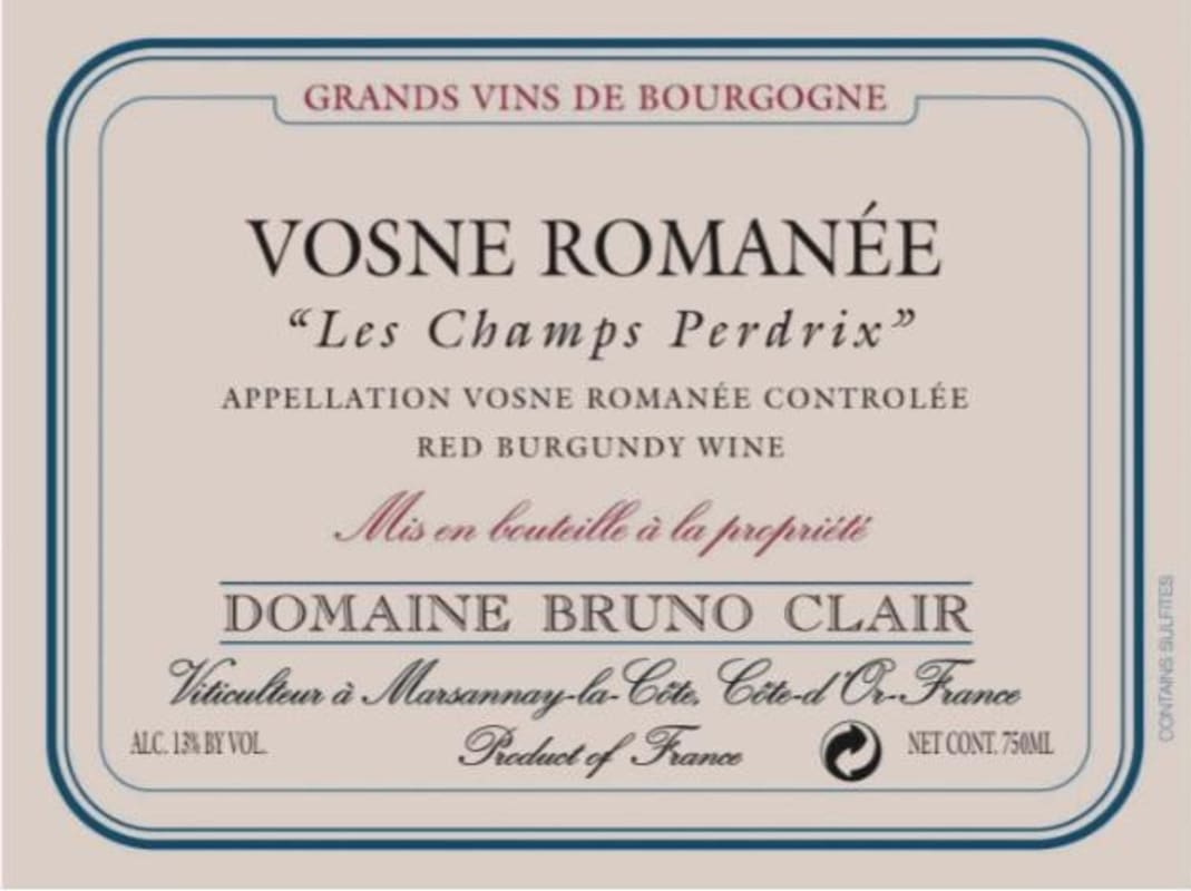 Bruno Clair Vosne Romanee Champs Perdrix 2011 Front Label