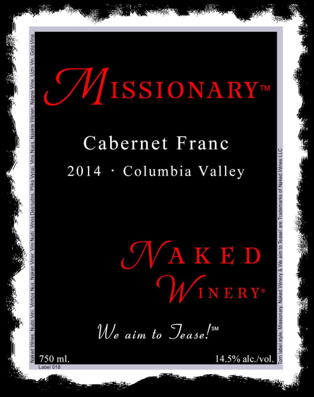 Naked Winery Missionary Cabernet Franc 2014 Front Label