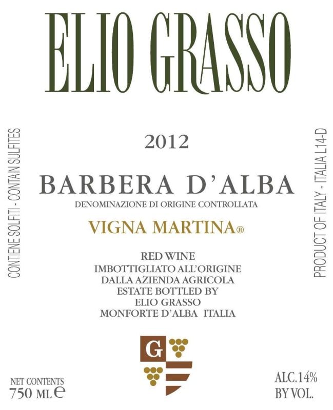 Elio Grasso Barbera d'Alba 2012 Front Label