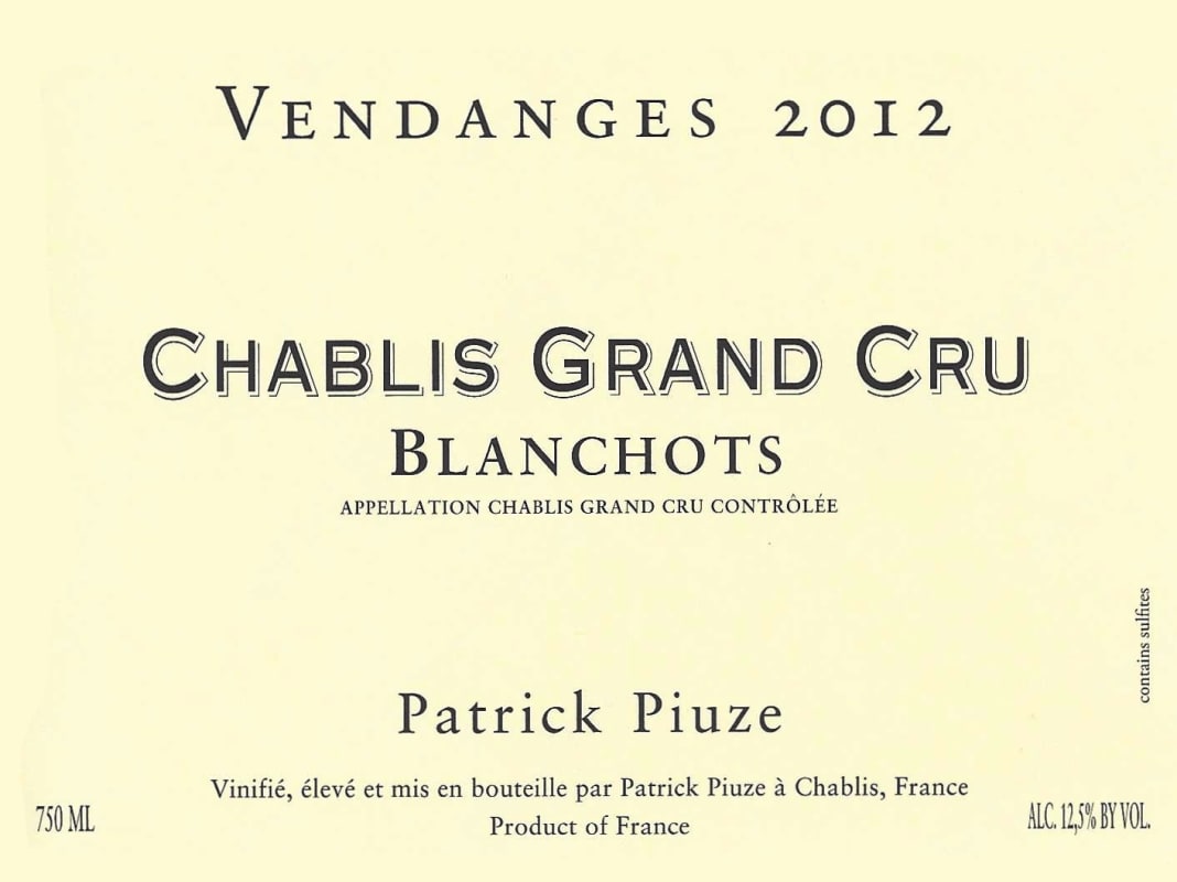 Patrick Piuze Chablis Blanchots Grand Cru 2012 Front Label