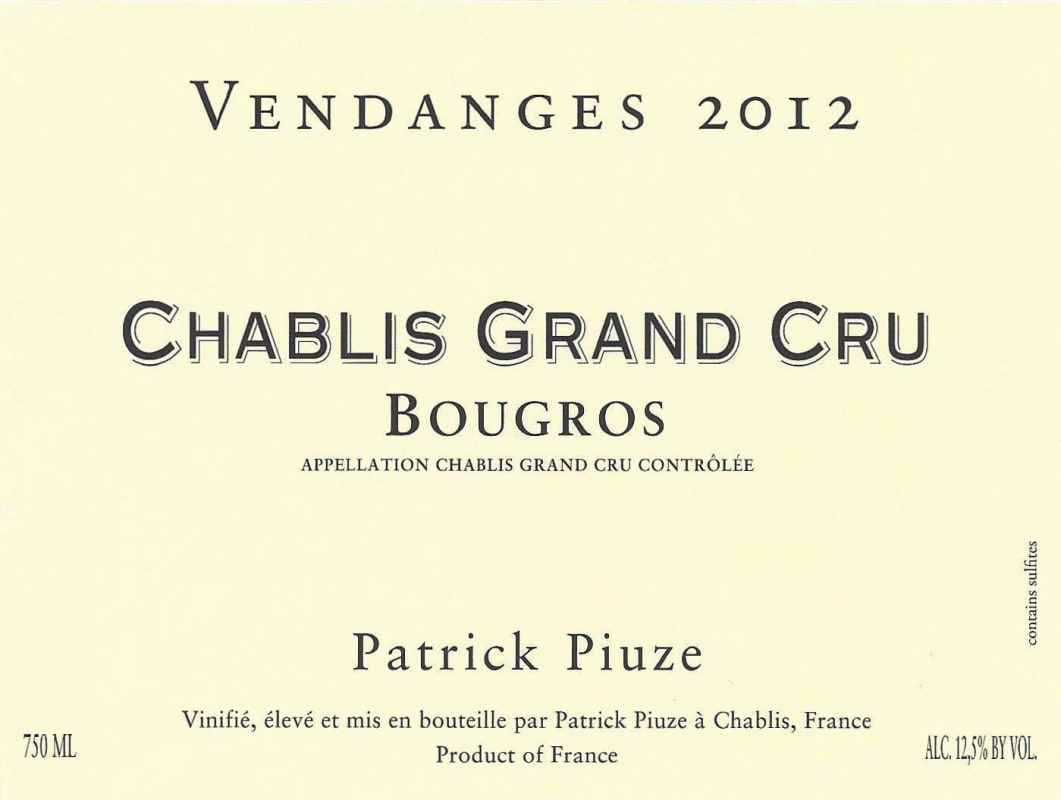 Patrick Piuze Chablis Bougros Grand Cru 2012 Front Label