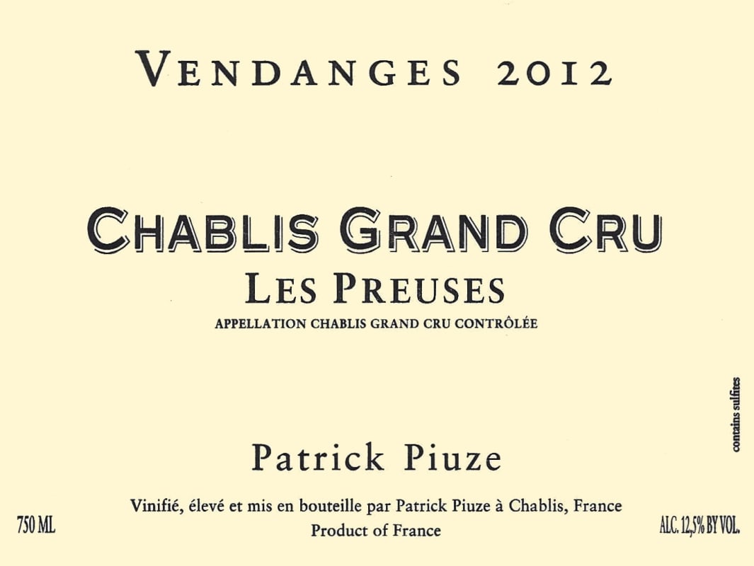 Patrick Piuze Chablis Les Preuses Grand Cru 2012 Front Label