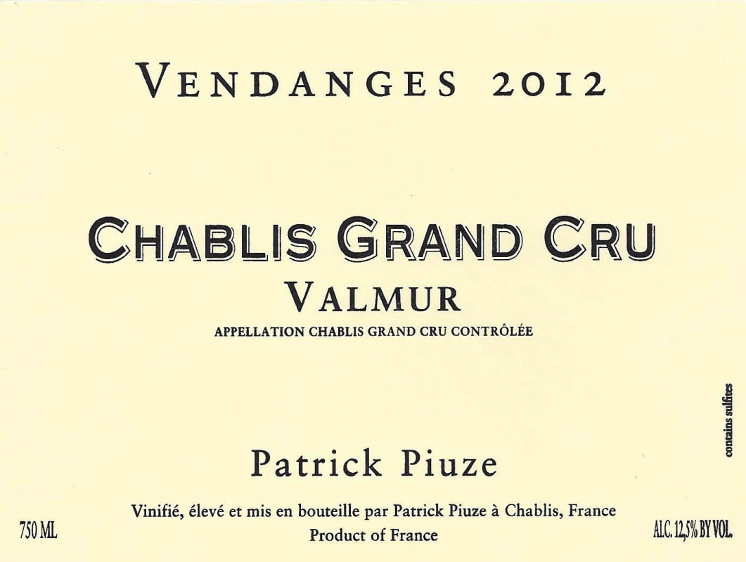 Patrick Piuze Chablis Valmur Grand Cru 2012 Front Label