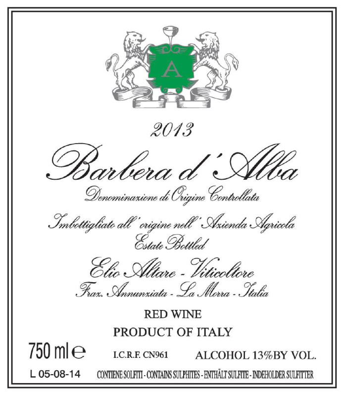 Elio Altare Barbera d'Alba 2013 Front Label