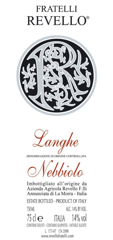 Fratelli Revello Langhe Nebbiolo 2013 Front Label