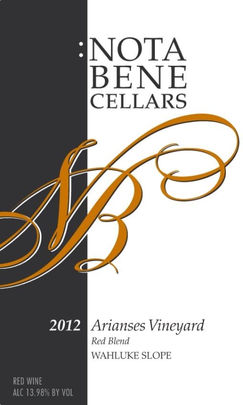 Nota Bene Cellars Wahluke Slope Arianses Vineyard 2012 Front Label