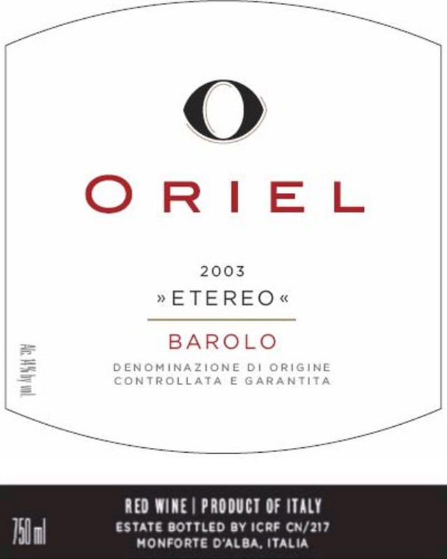 Oriel Wines Etereo 2003 Front Label