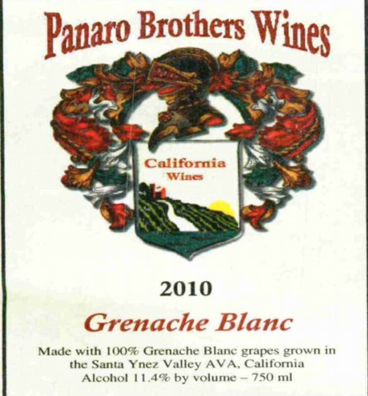 Panaro Brothers Winery Grenache Blanc 2010 Front Label